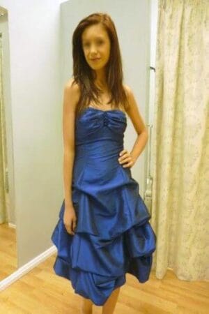 petite Edinburgh escort in a blue dress