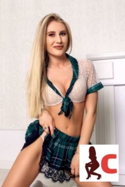 beautiful blonde Galway escort in plaid skirt