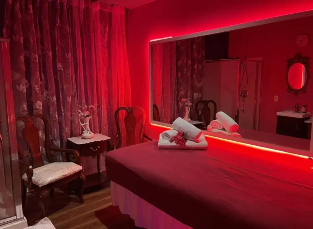 Massage room with red lighting