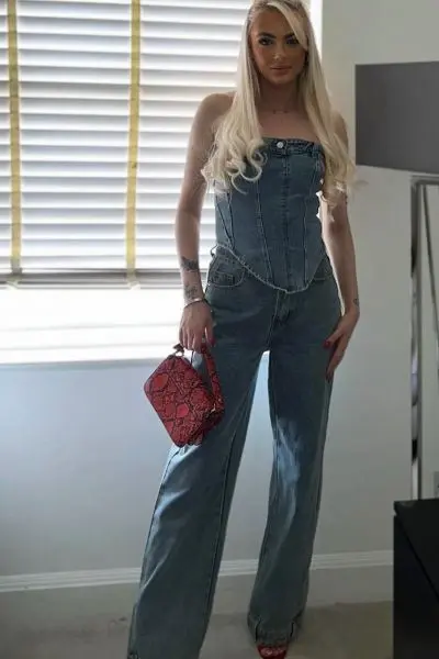 Blonde London escort in denim outift