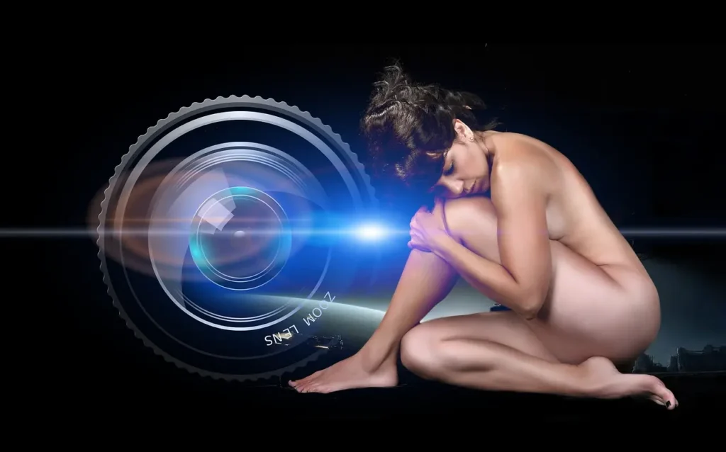 Naked woman by a camera lens