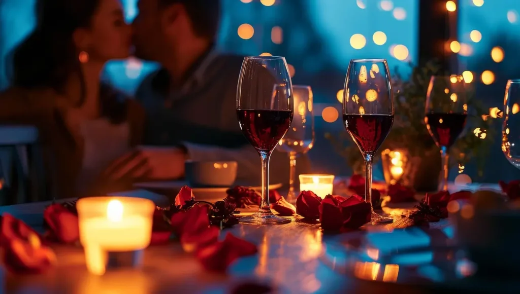 Oldham escort kissing a man by wine
