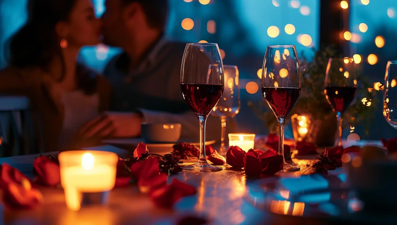 Oldham escort kissing a man by wine