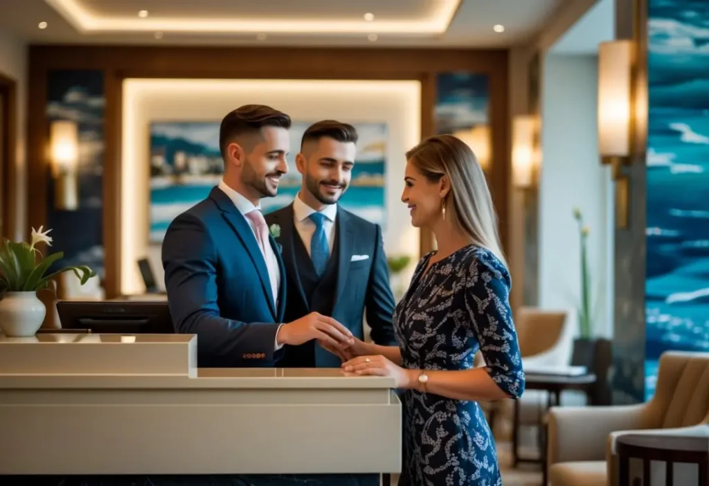 Escort in a hotel lobby