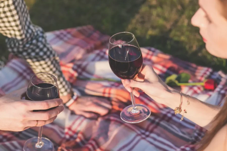 A couple enjoying wine on a picnic