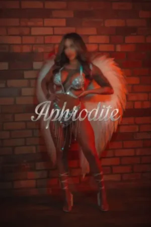 Busty tattooed escort in in sliver lingerie wearing angel wings