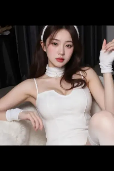 Busty Asian escort in a white outfit and gloves