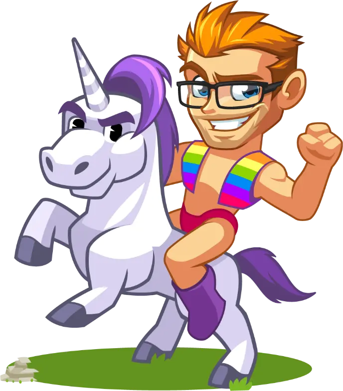 Gay cartoon man riding a unicorn