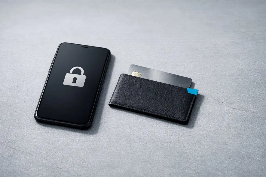 Locked phone and credit card in a wallet