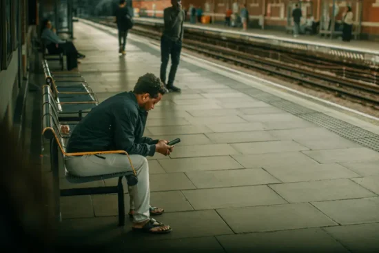 A man at a train station booking a Renfrewshire escort