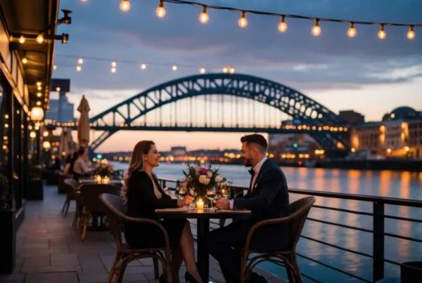 A couple dressed elegantly dining outdoors by the river with the Tyne Bridge lit up in the background during the evening.