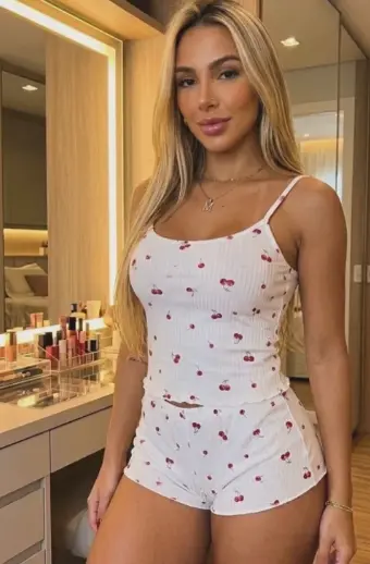 Blonde escort in cherry pyjamas